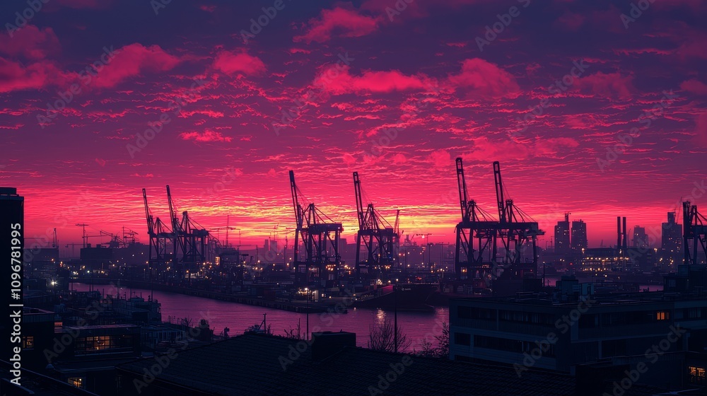 Obraz premium A stunning sunset illuminates a harbor with silhouetted cranes, casting vibrant pink and purple hues across the sky and reflecting on the water.