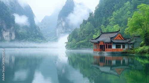 Serene lakeside pavilion surrounded by misty mountains in a tranquil landscape