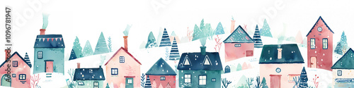 Festive Watercolor Village with Christmas Trees, holiday celebration, greeting card, festive poster, winter wallpaper, New Year banner