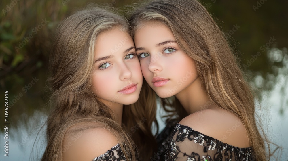 Radiant Senior Twin Models in High-Fashion Lighting with Reflective Poses Radiant Senior Twin Models in High-Fashion Lighting with Reflective Poses