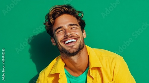 A man with a yellow shirt is smiling and laughing