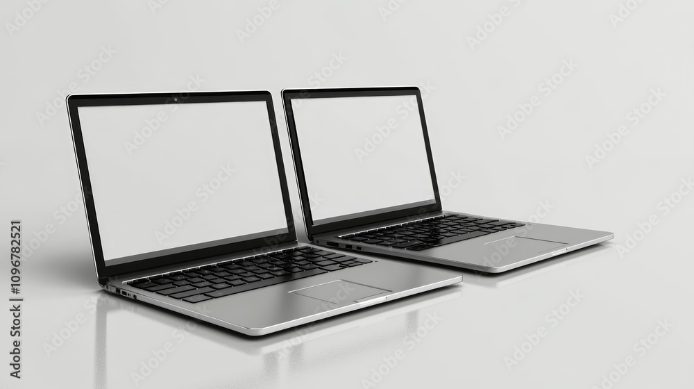 Two modern laptops with blank screens, side-by-side on a reflective surface. Two modern laptops with blank screens, side-by-side on a reflective surface.