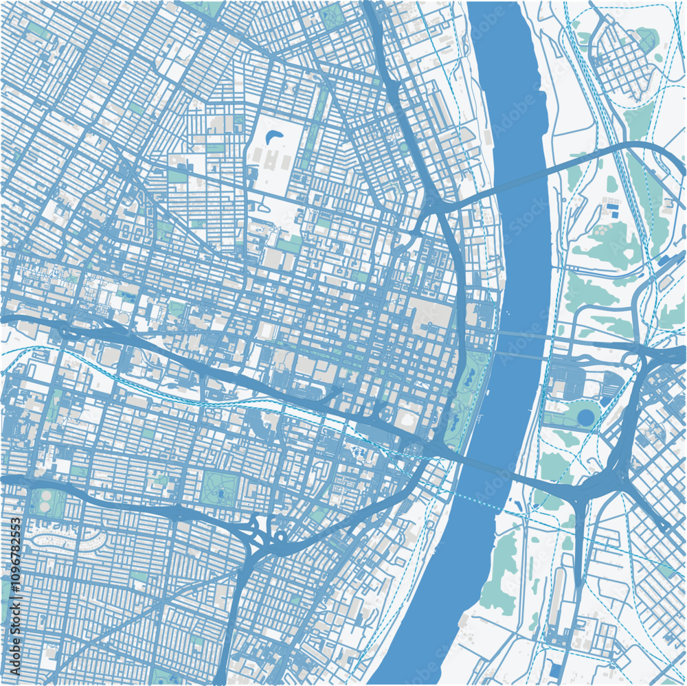 Obraz premium Map of St. Louis Center in Missouri in a professional blue style. Contains layered vector with roads water, parks, etc.