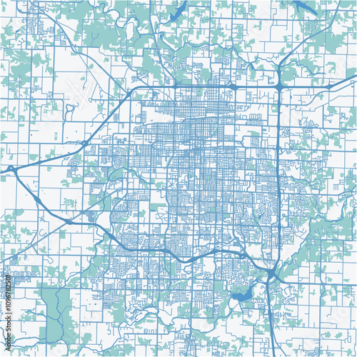 Map of Springfield in Missouri in a professional blue style. Contains layered vector with roads water, parks, etc.