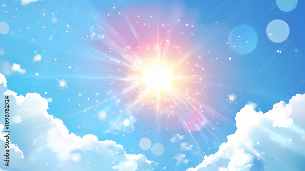 Bright vector sun with a radiant lens flare shining in the sky, star, illustration, summer. Radiant Solar Flare. Illustration Bright vector sun with a radiant lens flare shining in the sky, star, illustration, summer. Radiant Solar Flare. Illustration
