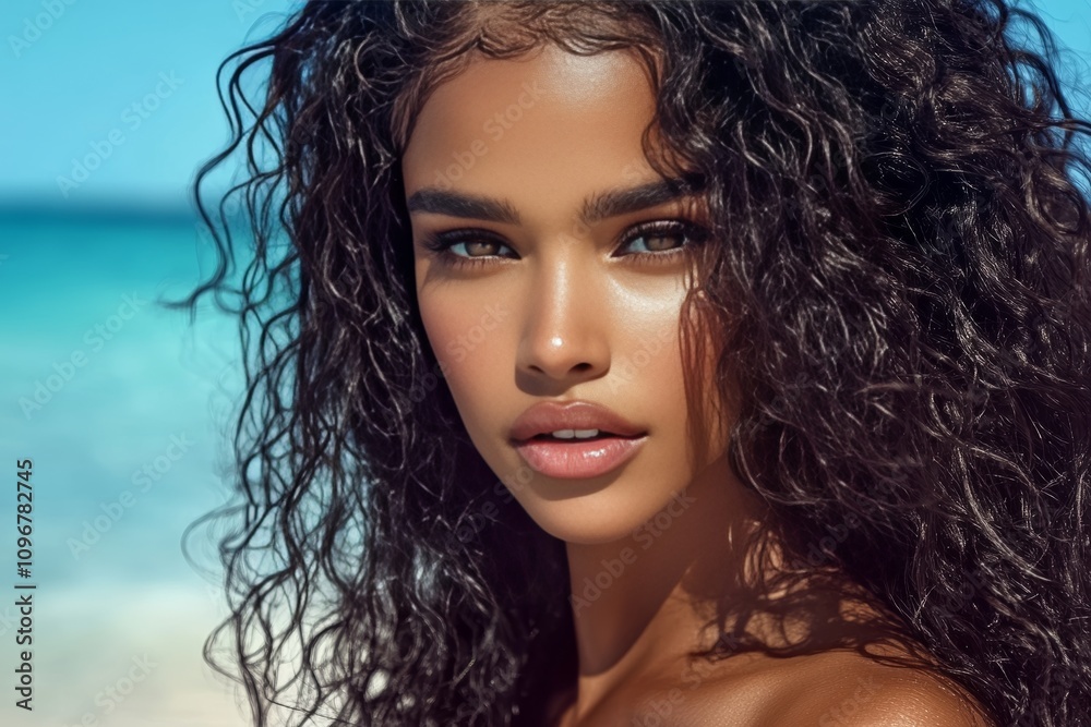 Fototapeta premium Young african female with curly hair at the beach
