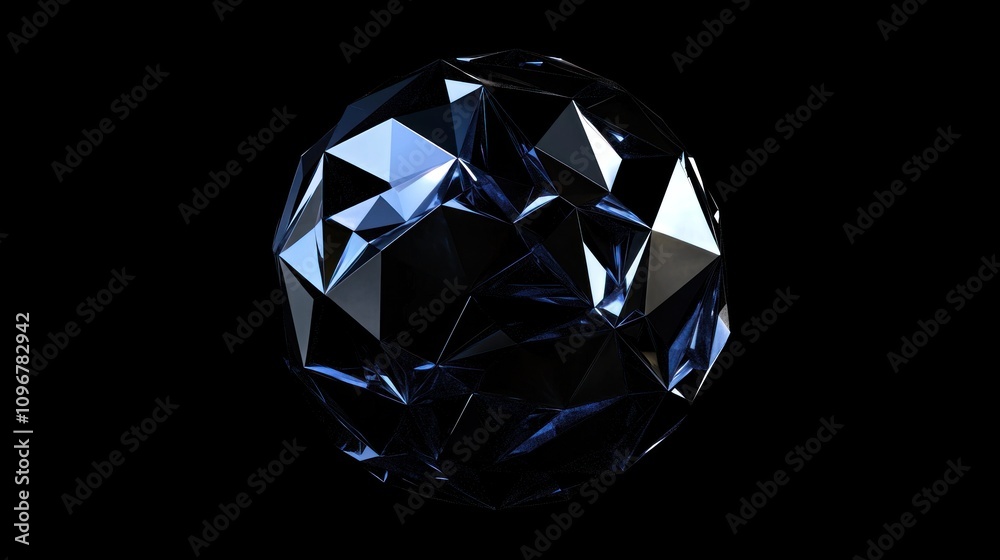 Dark blue, faceted gemstone sphere on black background. Dark blue, faceted gemstone sphere on black background.