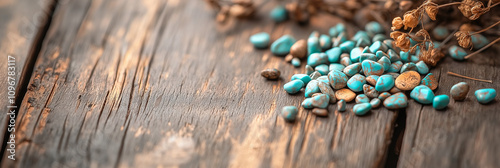 A cluster of vibrant turquoise stones rests on an aged wooden surface, accompanied by dried flowers, blending natural elements with a rustic aesthetic. photo