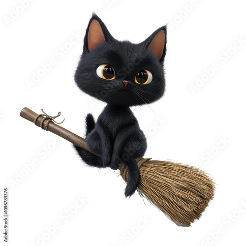 A cute 3D rendered black kitten with large eyes sits on a witches broom seemingly flying. photo