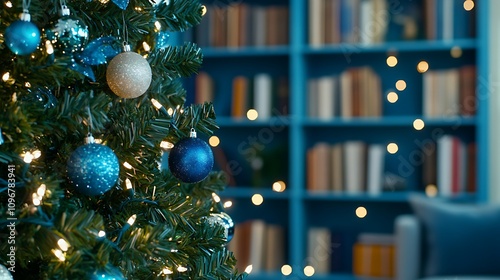 Festive Christmas Tree Decorated with Ornaments and Lights Against a Cozy Library Background
