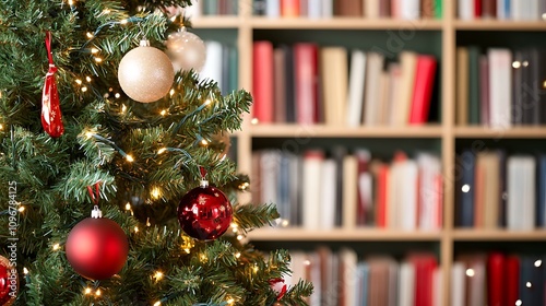 Festive Christmas Tree Decorated with Ornaments and Lights Against a Cozy Library Background