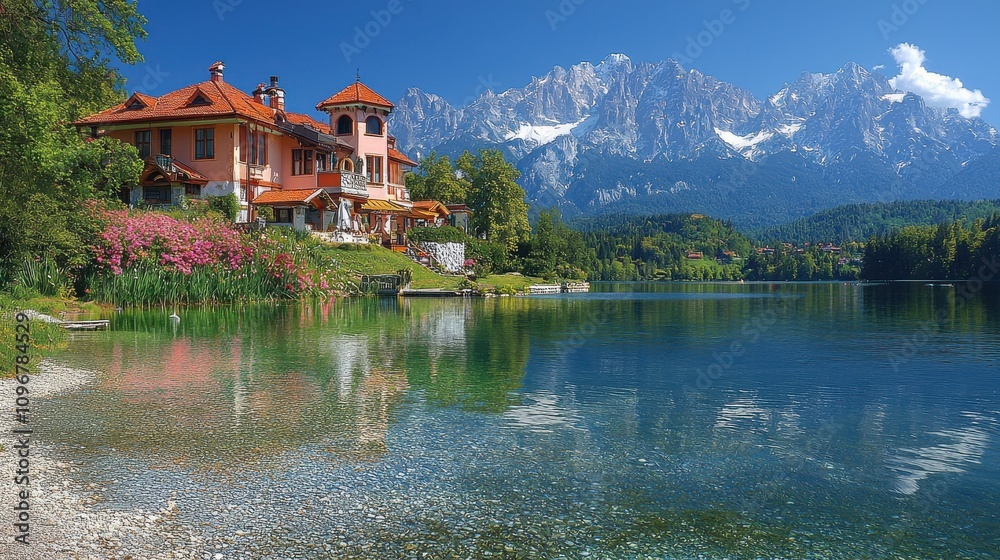 Naklejka premium Scenic lakeside villa surrounded by mountains and vibrant nature on a sunny day