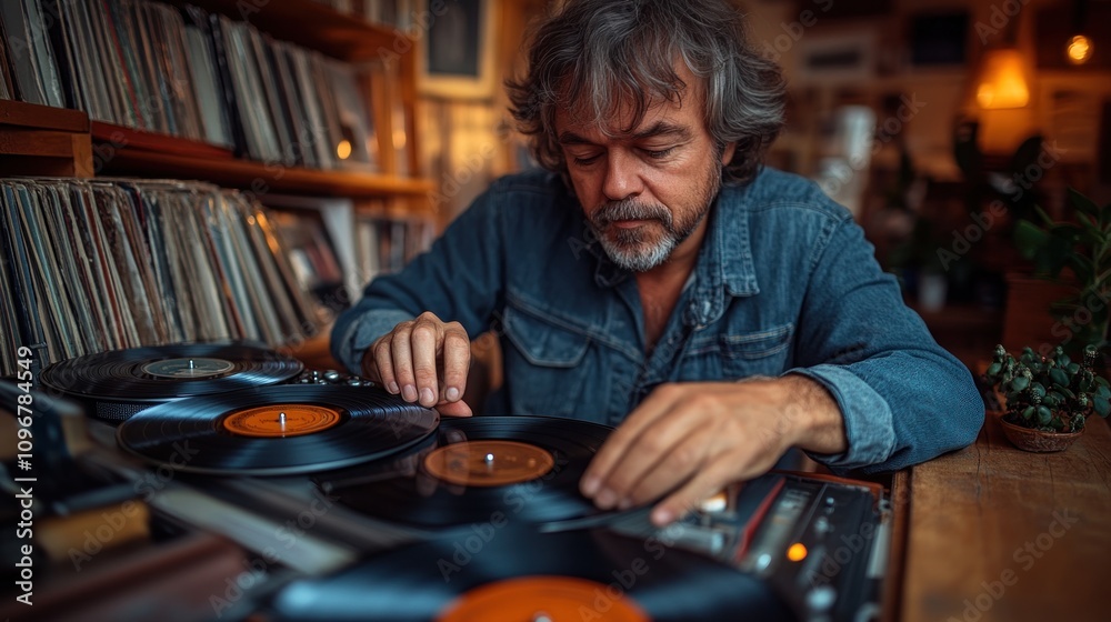 Man Playing Vinyl Records in Cozy Home Man Playing Vinyl Records in Cozy Home