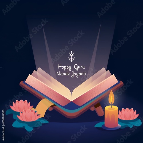 Happy Guru Nanak Jayanti Illustration Image, Guru Granth Book illustration Design.