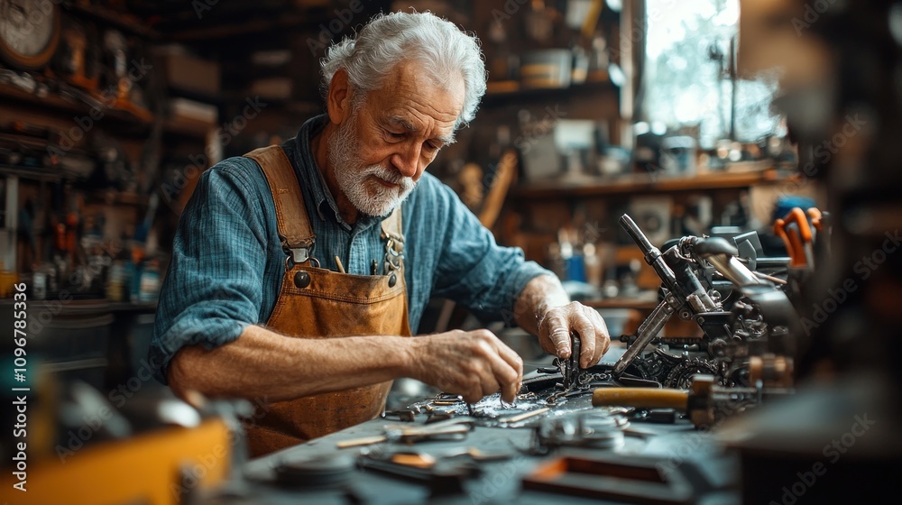 Aged Craftsman Working on Metal in his Workshop Aged Craftsman Working on Metal in his Workshop