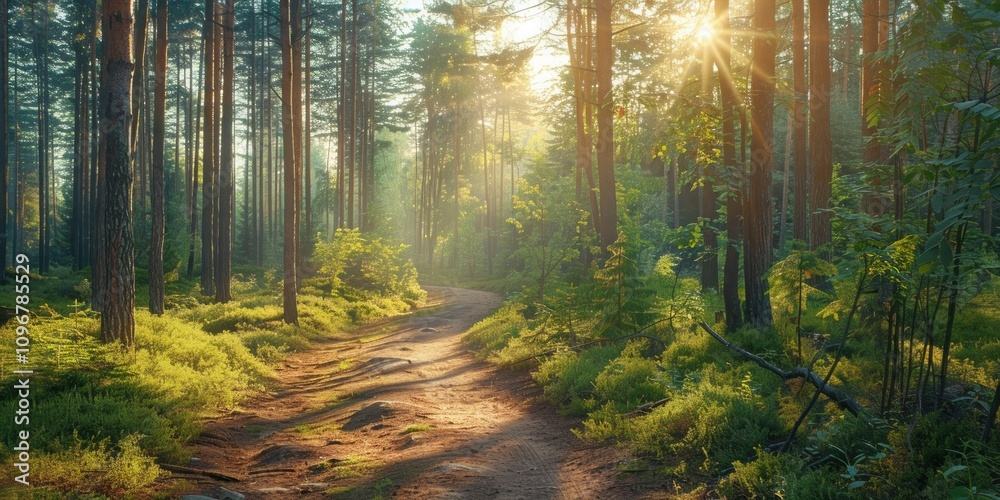 Obraz premium Sunrise Through the Trees in a Forest