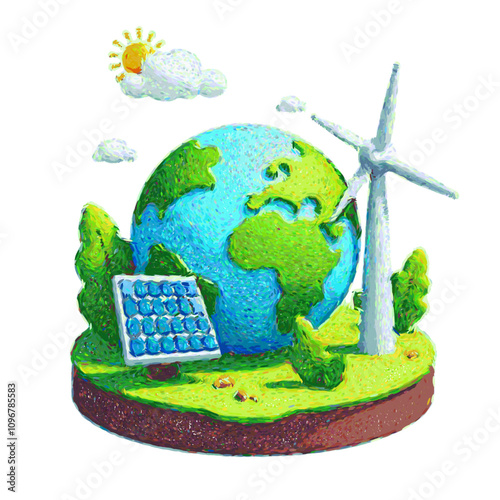 Eco-friendly Vector Illustration of Earth with Solar Panels and Wind Turbines