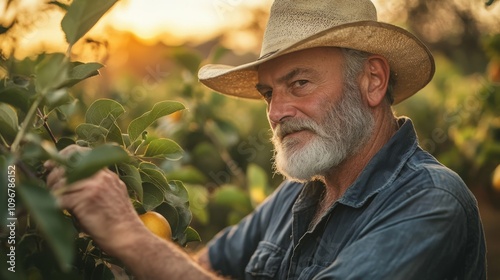 Mature Man in Straw Hat Harvesting Fruit in Orchard During Warm Sunset: A Portrait of Dedication to Agriculture and Nature's Bounty