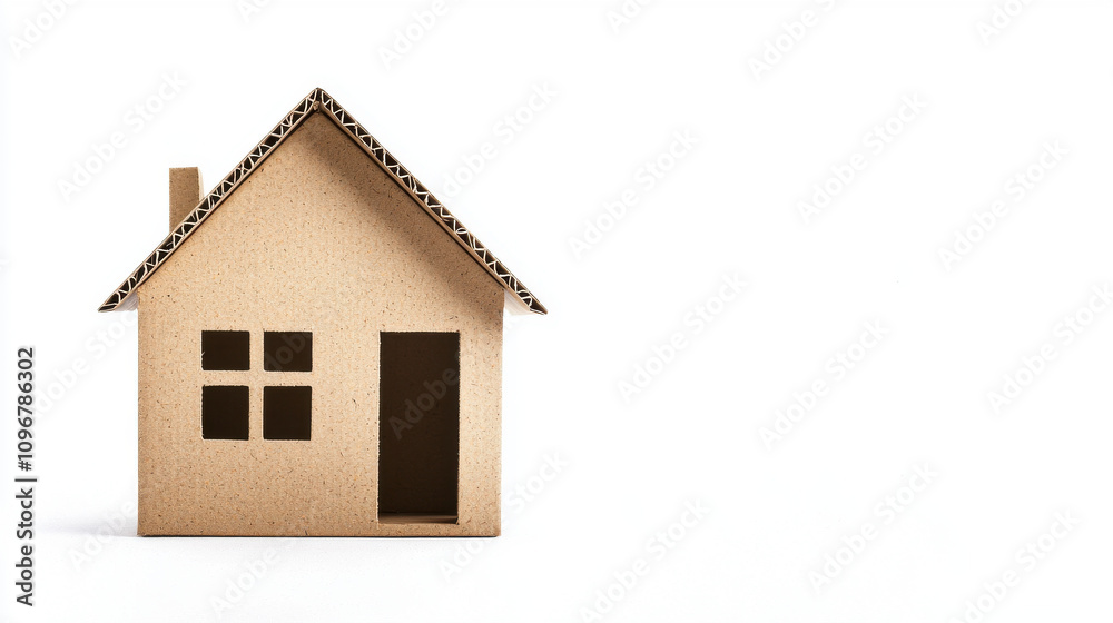 Cardboard house isolated on white background, showcasing simple design with windows and door, perfect for creative projects or educational purposes Cardboard house isolated on white background, showcasing simple design with windows and door, perfect for creative projects or educational purposes