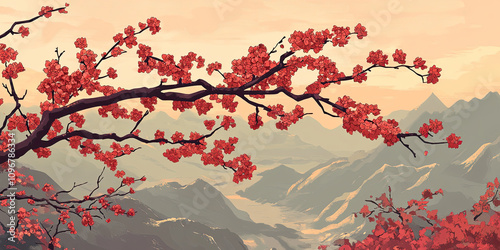 Wallpaper Mural Cherry Branch with Red Blossoms Over Misty Landscape and Asian Scenery – Generative AI Pop Art Illustration Torontodigital.ca