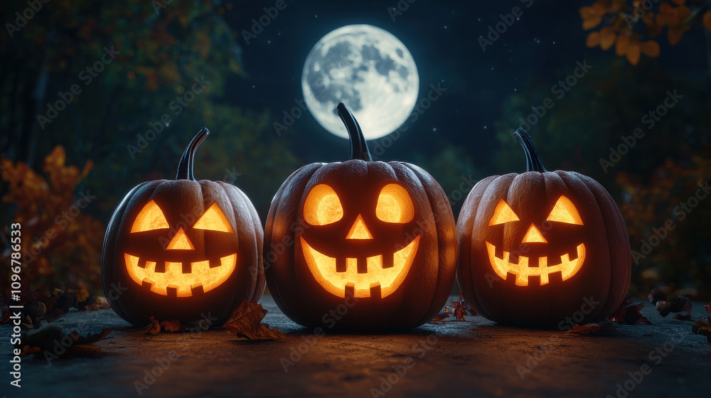 Glowing jack o lanterns with carved faces under full moon create spooky Halloween atmosphere. pumpkins are surrounded by autumn leaves, enhancing festive mood Glowing jack o lanterns with carved faces under full moon create spooky Halloween atmosphere. pumpkins are surrounded by autumn leaves, enhancing festive mood