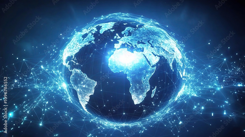A Stunning Digital Representation of Earth Highlighting Global Connectivity with Advanced Technology, Vibrant Structures, and Intricate Geometric Patterns in a Gigapixel Format