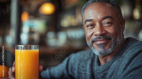 Smiling Man Enjoying Fresh Orange Juice in a Cafe