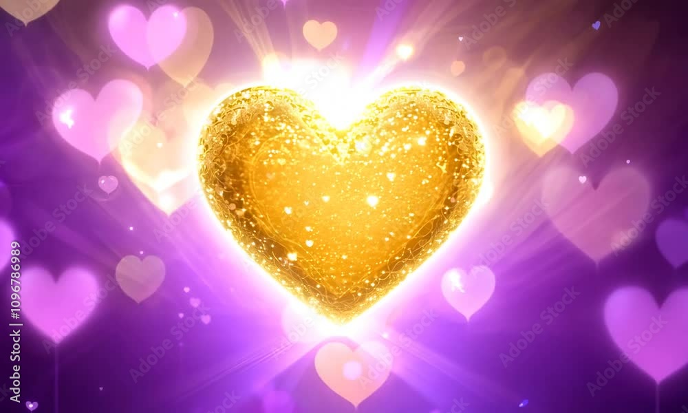Glowing golden heart with sparkling lights on purple background surrounded by soft pink hearts Glowing golden heart with sparkling lights on purple background surrounded by soft pink hearts