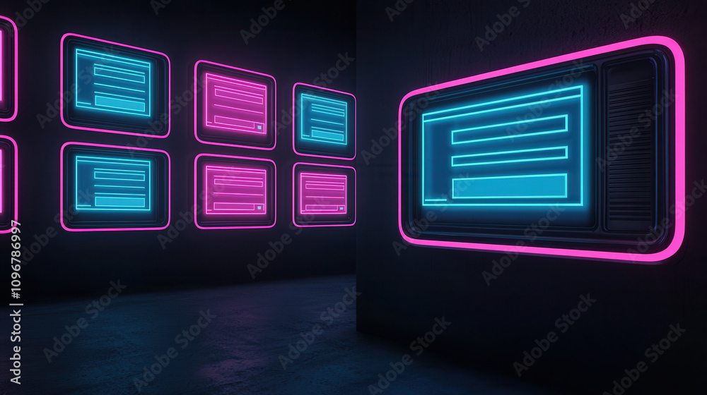 dark room features multiple retro TVs on wall, glowing in vibrant neon colors. atmosphere is immersive and futuristic, creating unique visual experience dark room features multiple retro TVs on wall, glowing in vibrant neon colors. atmosphere is immersive and futuristic, creating unique visual experience