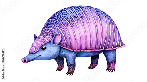 Cute armadillo illustration with pastel colors and whimsical design. This watercolor art features charming character with vibrant shell, perfect for children decor or playful themes photo