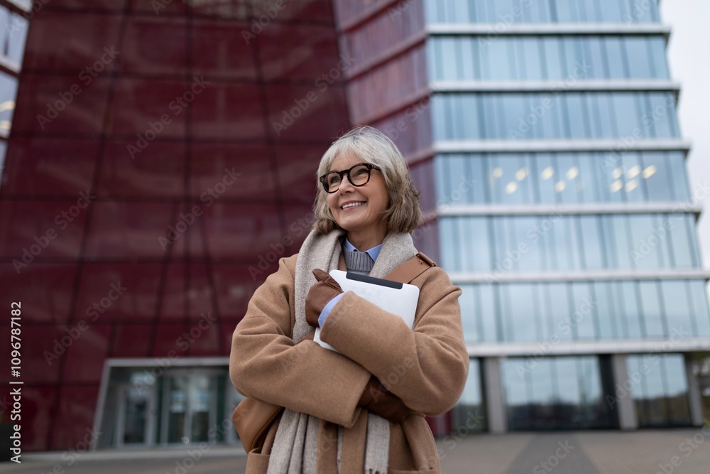 A smiling mature woman with glasses stands confidently outside a modern building in an urban setting during the day
