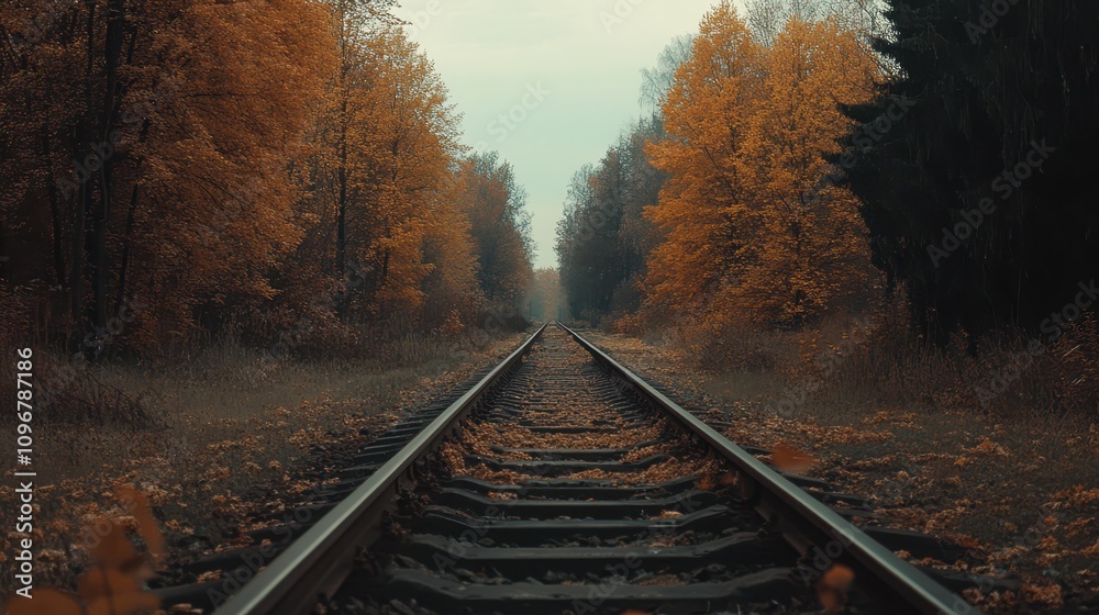 train tracks stretching into the distance surrounded by trees with golden autumn leaves train tracks stretching into the distance surrounded by trees with golden autumn leaves