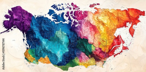 Colorful Artistic Map of North America Depicting Regional Variations