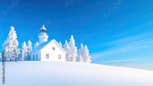 Snow-covered lighthouse on Luoto Posting Island shines against bright blue winter sky photo