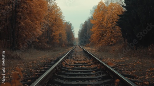 train tracks stretching into the distance surrounded by trees with golden autumn leaves