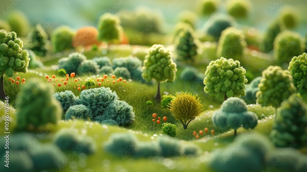 Lush green miniature landscape with rolling hills, fluffy trees, and vibrant shrubs. Lush green miniature landscape with rolling hills, fluffy trees, and vibrant shrubs.