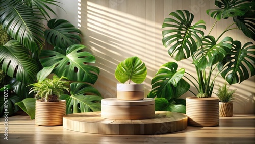 A wooden podium with a single monstera leaf plant in a white and brown pot, surrounded by vibrant green foliage, bathed in warm sunlight filtering through blinds.