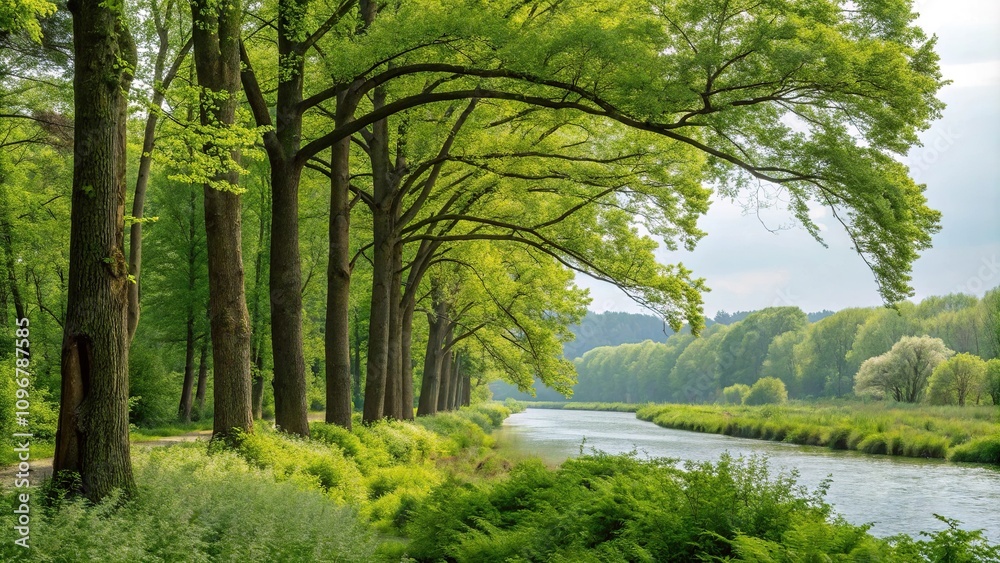 Tall trees and shrubs along the riverbank with vibrant green leaves and branches, Trees, Forest, Shrubs, Branches Tall trees and shrubs along the riverbank with vibrant green leaves and branches, Trees, Forest, Shrubs, Branches