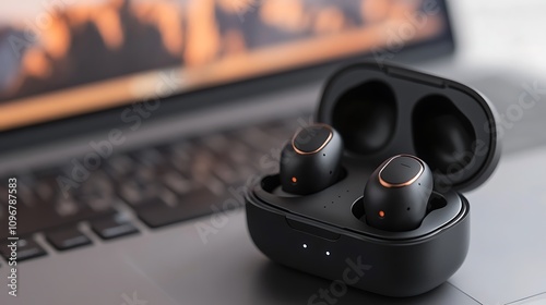 Wireless earbuds in charging case on laptop. photo