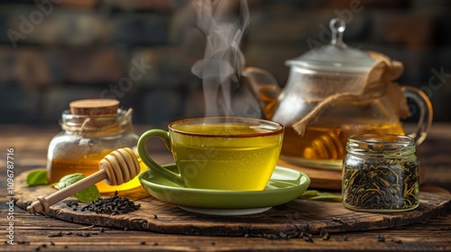 A rustic wooden table with a steaming cup of green tea, a small pot of honey, and a jar of loose tea leaves 32k, full ultra hd, high resolution