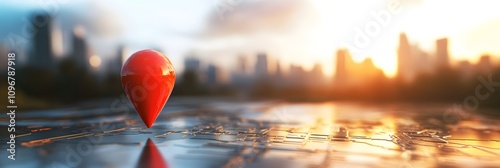 A red location pin on the map of an urban city with a blurred background. The red point marker symbolizes navigation and direction in online search,