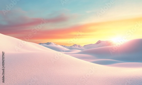 Serene winter landscape at sunrise, showcasing soft snow-covered hills.