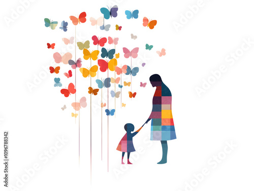 Abstract Silhouette of Father and Child Surrounded by Vibrant Butterflies. Copy space.