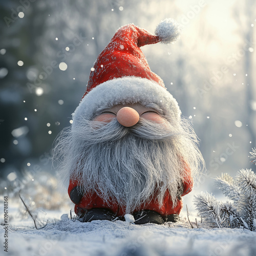  Christmas gnome stands in a winter scenery,  it's snowing