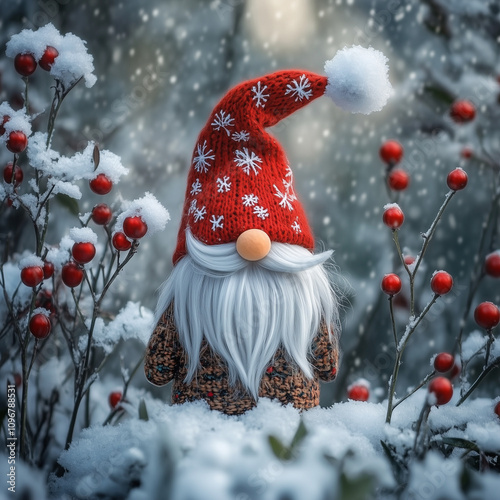  Christmas gnome stands in a winter scenery,  it's snowing