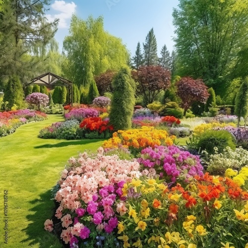 A vibrant garden with colorful flowers and lush greenery.