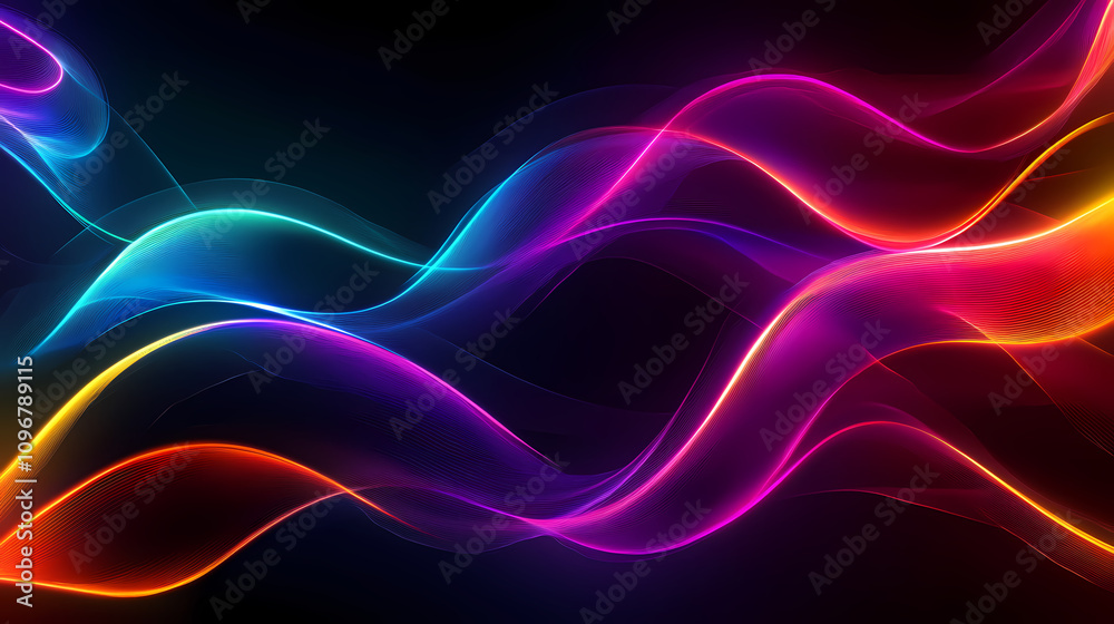 Obraz premium Abstract colorful neon glowing lines and waves on dark background. Psychedelic Neon Waves. Illustration