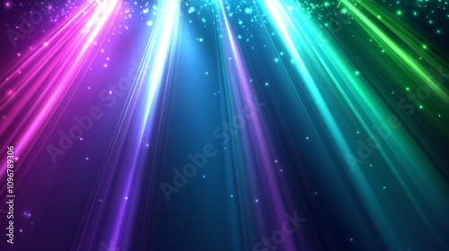 Vibrant multicolored light rays and sparkles on dark background.