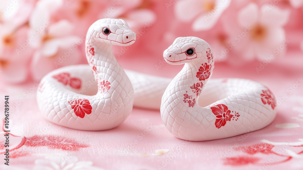 Fototapeta premium 春を彩る白蛇の置物と桜