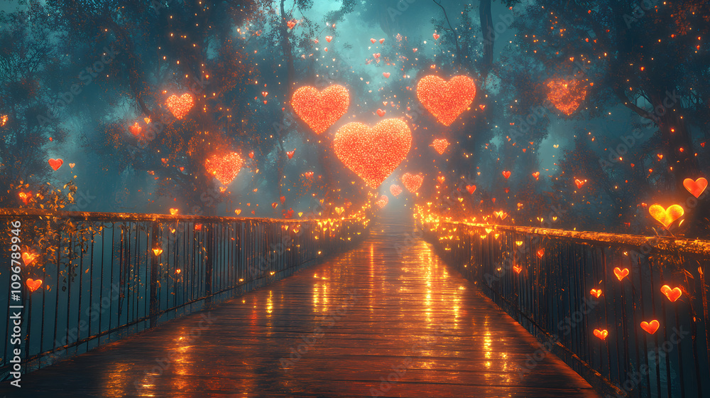 A surreal digital painting of a dreamlike Valentine's Day landscape, featuring floating heart-shaped islands connected by golden bridges, glowing with a soft, magical light. A surreal digital painting of a dreamlike Valentine's Day landscape, featuring floating heart-shaped islands connected by golden bridges, glowing with a soft, magical light.